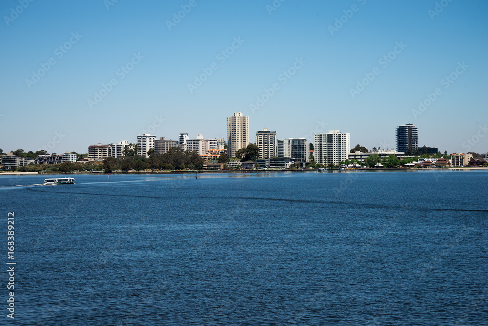 South Perth view from Elizabeth Quay Bridge with ferry crossing across Swan River