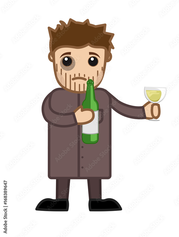 Cartoon Sad Character Drinking Wine Concept