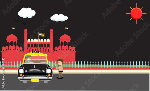 Cartoon Man Hire a Taxi at Night