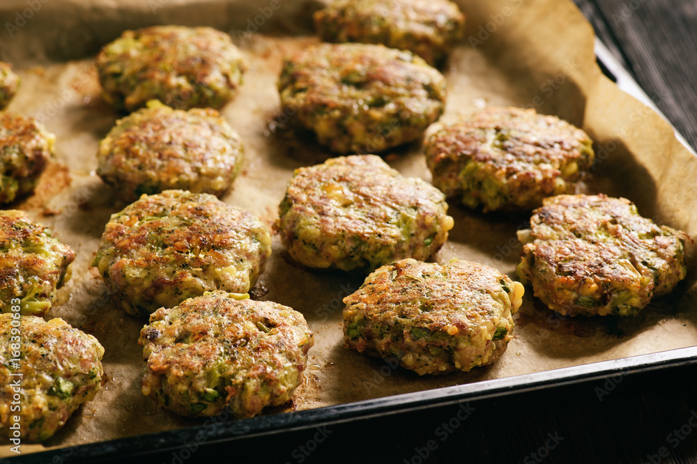 Turkey fritters with broccoli and leek , cooking process. Turkey fritters with broccoli and leek , cooking process.