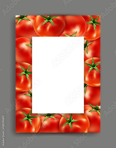 Vector lliustration with realistic tomatoes isolated with frame and place for text Element for design, business, advertising, promotion of products, natural juices, food. 