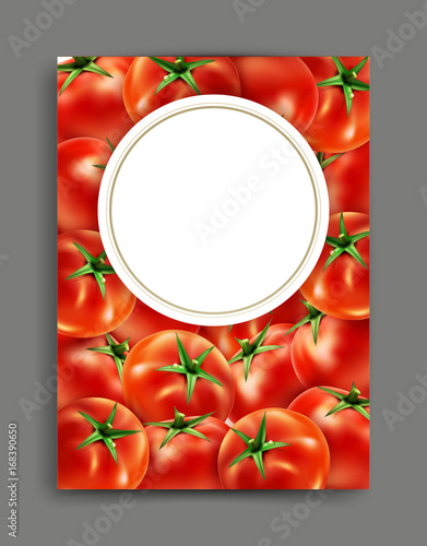 Vector lliustration with realistic tomatoes isolated with frame and place for text Element for design, business, advertising, promotion of products, natural juices, food. 