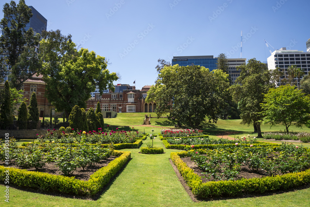 Flower beds in landscaped gardens at Government House in Perth City Flower beds in landscaped gardens at Government House in Perth City