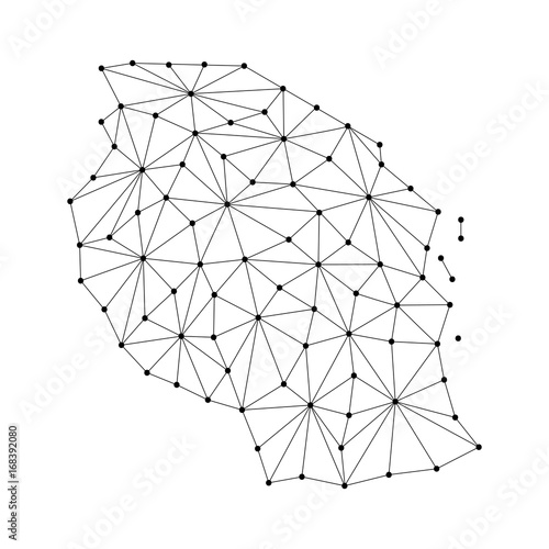 Tanzania map of polygonal mosaic lines network, rays and dots vector illustration.