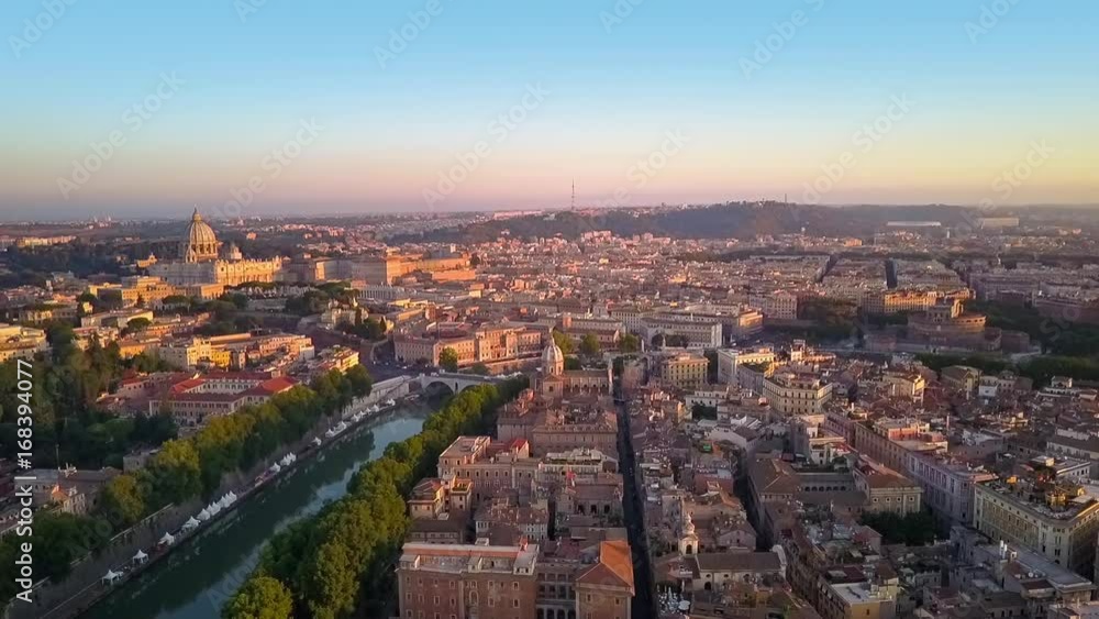 rome aerial view flying to st peter's church at sunrise cut one rome aerial view flying to st peter's church at sunrise cut one