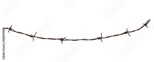 Old security barbed wire fence isolated on white background