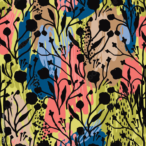 Abstract floral seamless pattern with trendy hand drawn textures.