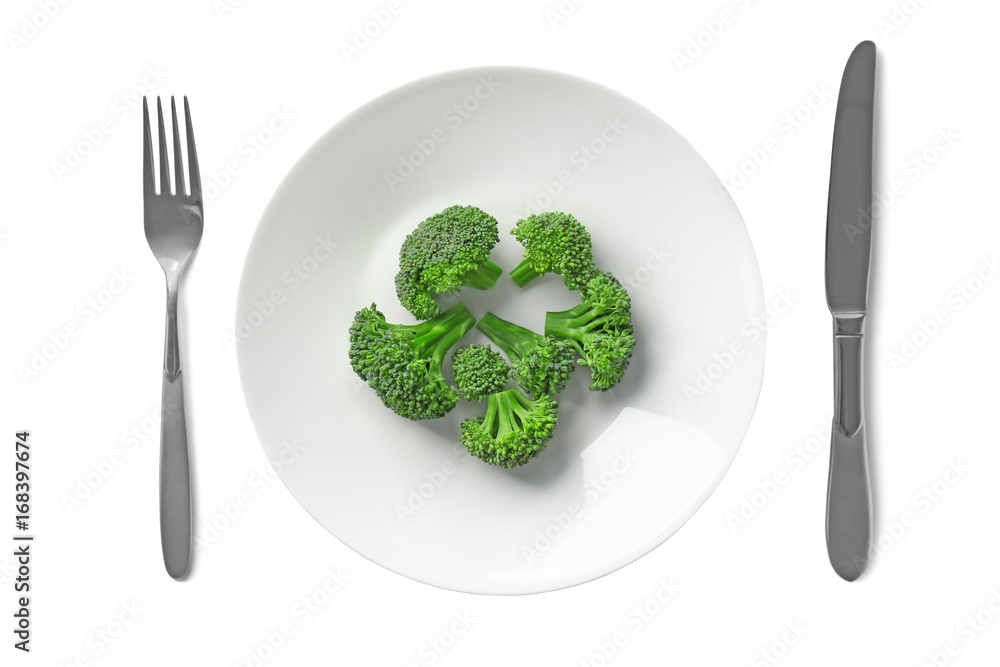 Plate with fresh broccoli on white background Plate with fresh broccoli on white background