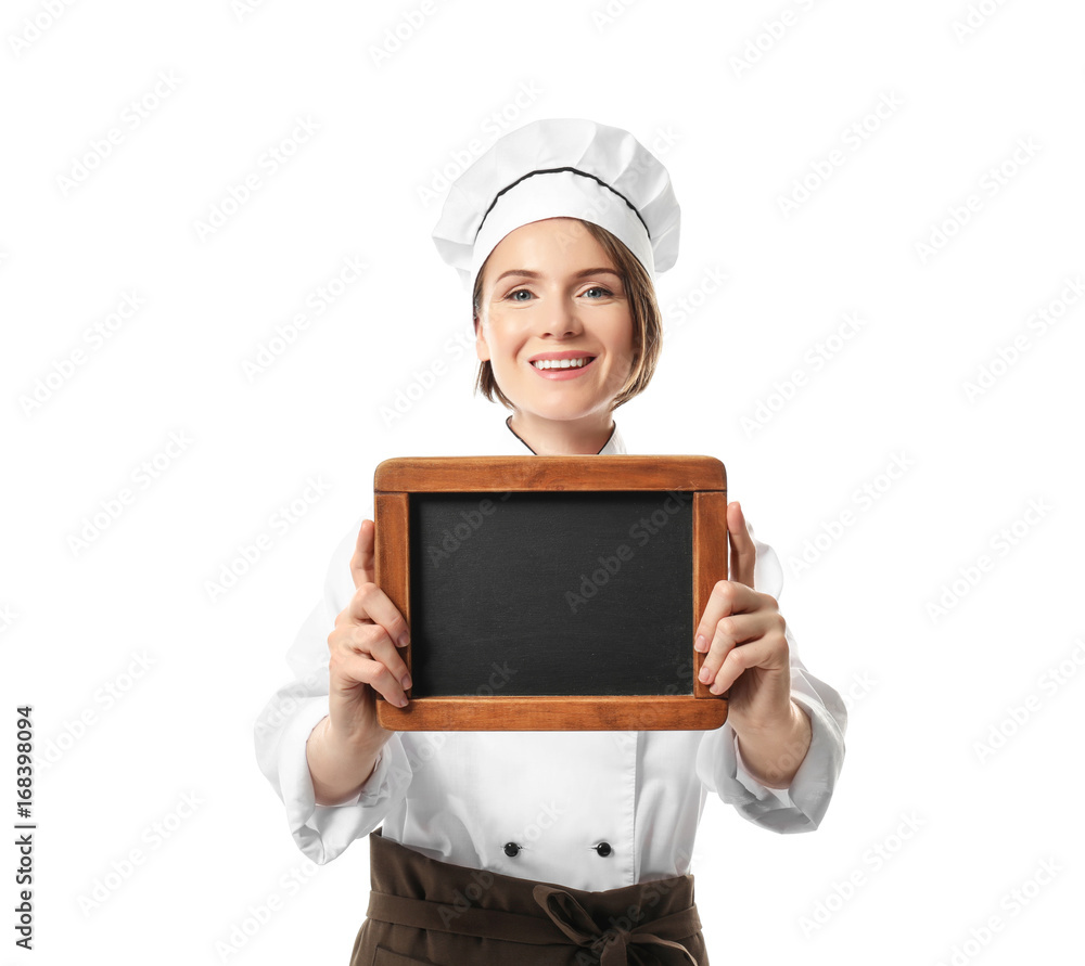 Female chef with chalkboard on white background Female chef with chalkboard on white background
