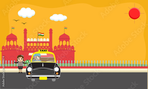 Young Girl Giving Dollar Bag to Taxi Driver in Front of Red Fort