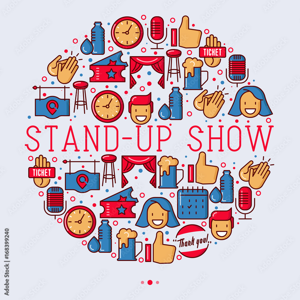 Stand up comedy show concept in circle with thin line icons. Vector illustration for banner, web page, print media.