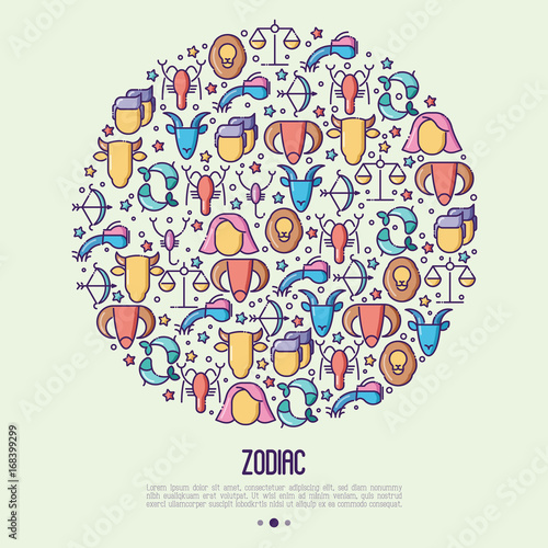 Zodiac signs concept in circle with thin line icons for banner with horoscope, web site or background. Vector illustration.