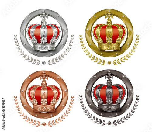 Illustration of the crown. Four icons. / Gold, silver, bronze badges.