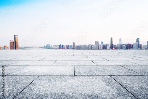cityscape and skyline of hangzhou new city from brick floor