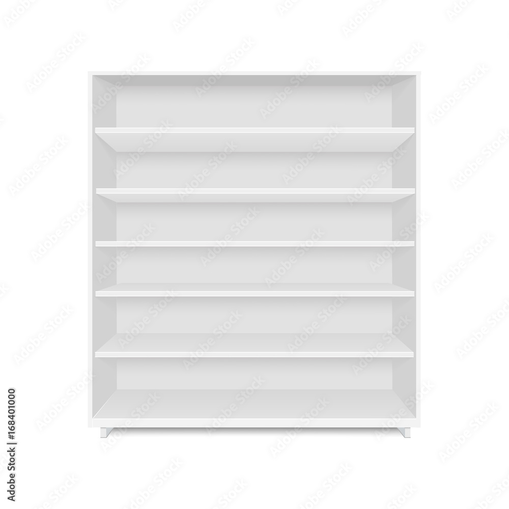 Blank empty showcase display with retail shelves. Front view. Vector mock up template ready for your design. Blank empty showcase display with retail shelves. Front view. Vector mock up template ready for your design.