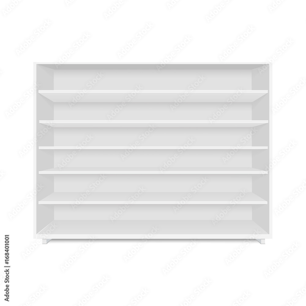 Blank empty showcase display with retail shelves. Front view. Vector mock up template ready for your design. Blank empty showcase display with retail shelves. Front view. Vector mock up template ready for your design.