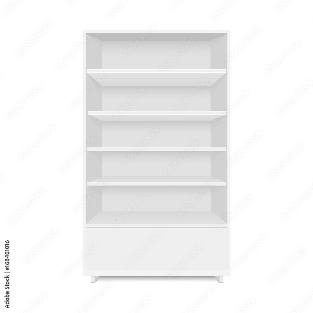 Blank empty showcase display with retail shelves. Front view. Vector mock up template ready for your design. Blank empty showcase display with retail shelves. Front view. Vector mock up template ready for your design.