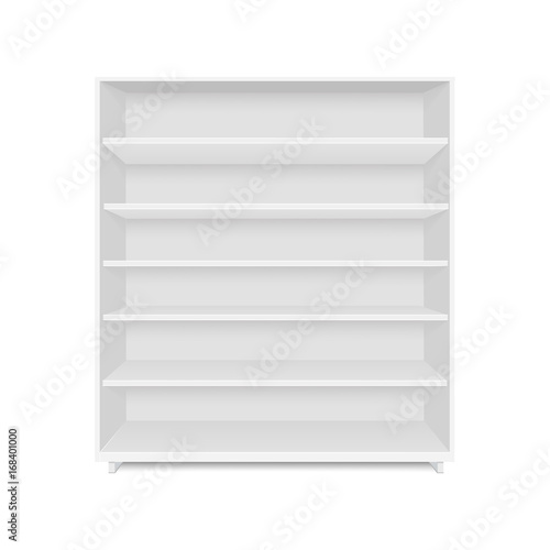 Blank empty showcase display with retail shelves. Front view. Vector mock up template ready for your design.