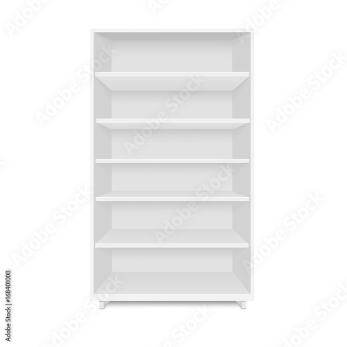 Blank empty showcase display with retail shelves. Front view. Vector mock up template ready for your design.