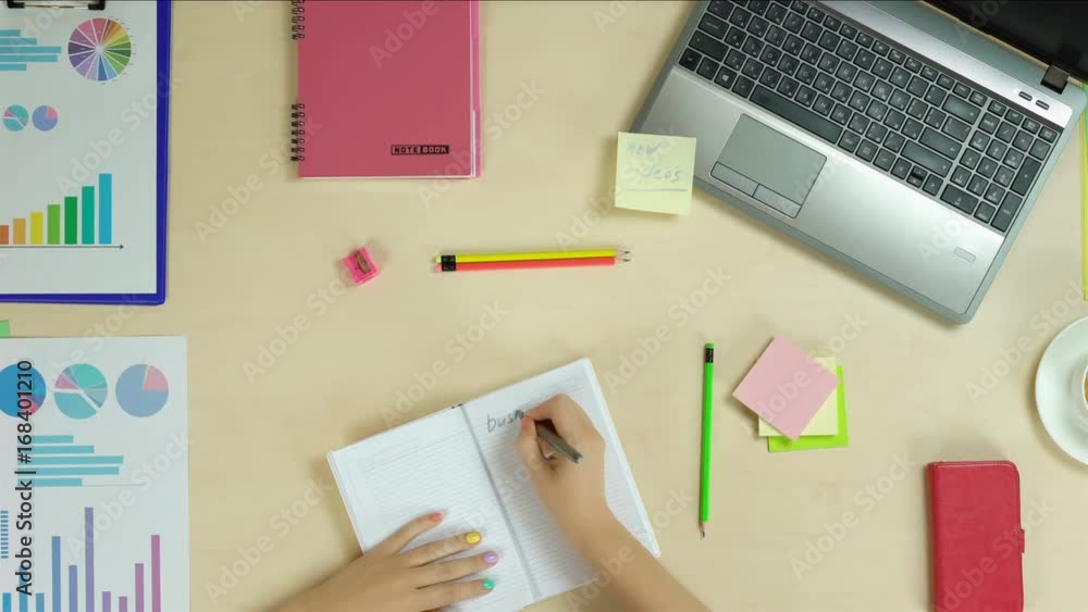 Business plan, creative woman planning company development, brainstorming ideas. Top view of female hands writing down in notebook Business plan, creative woman planning company development, brainstorming ideas. Top view of female hands writing down in notebook