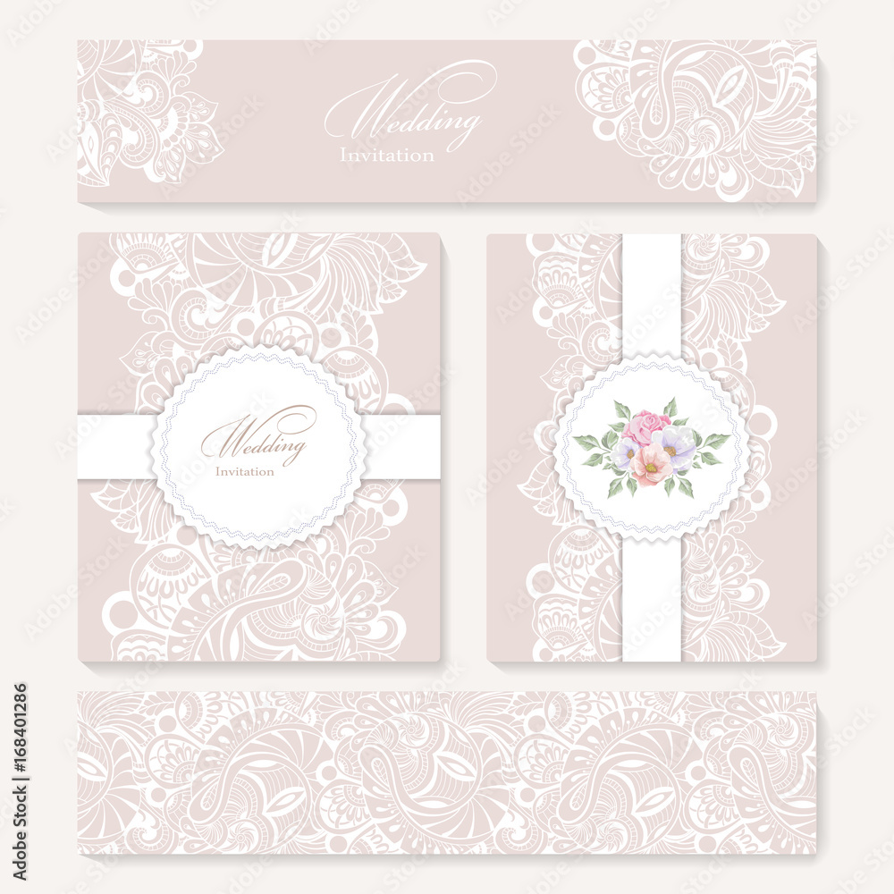 set invitation card with lace decoration for wedding, birthday, Valentine's day and other holidays. Template vector frame. set invitation card with lace decoration for wedding, birthday, Valentine's day and other holidays. Template vector frame.