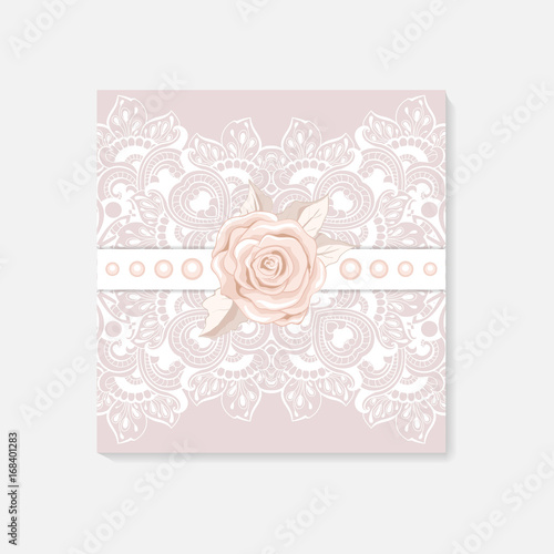  invitation card with lace decoration for wedding, birthday, Valentine's day and other holidays. Template vector frame. 