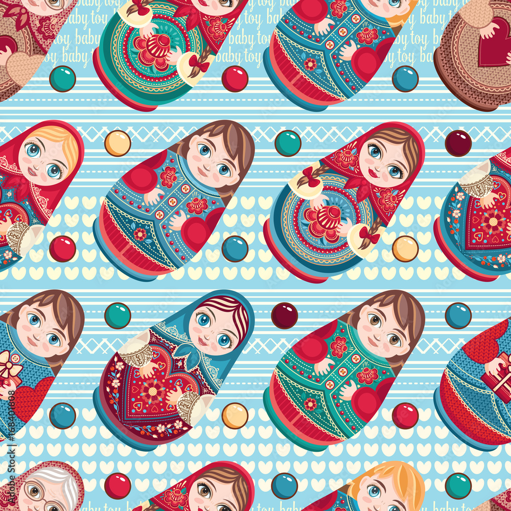 Naklejka premium Russian souvenir. Matryoshka - babushka doll. Seamless pattern. Vector