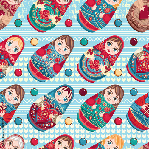 Russian souvenir. Matryoshka - babushka doll. Seamless pattern. Vector