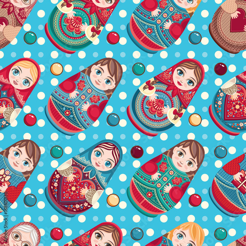 Russian souvenir. Matryoshka - babushka doll. Seamless pattern. Vector