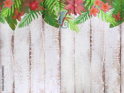  border with tropical jungle pattern on white wooden background
