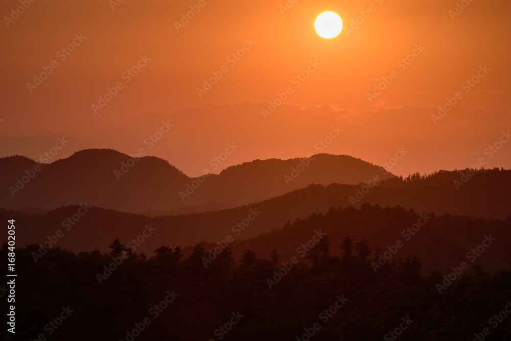 Sunset over distant hills in Tuscany, just outside San Godenzo, Florence region