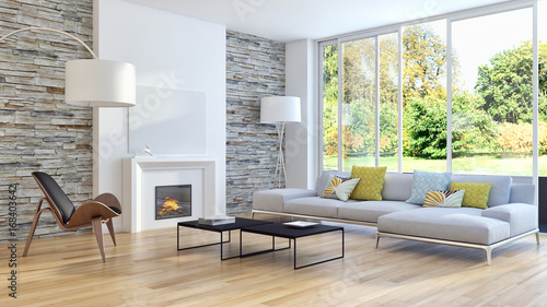 Modern bright living room lounge interior with fire place. 3D rendering
