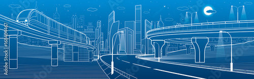 City infrastructure transport scene. Monorail railway. Automotive flyover. Train move over overpass. Modern city. Plane fly. Towers and skyscrapers. White lines on blue background, vector design art