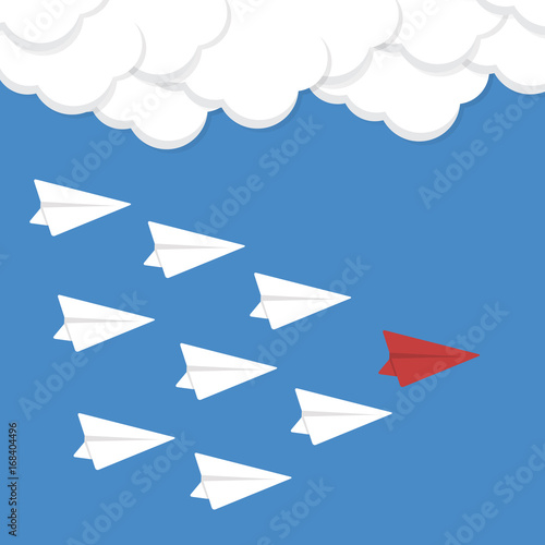 Red paper airplane as a leader among others, leadership, teamwork, motivation, stand out of the crowd concept, EPS10 vector
