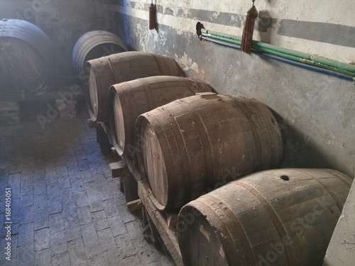 Old oak barrels in the cellar