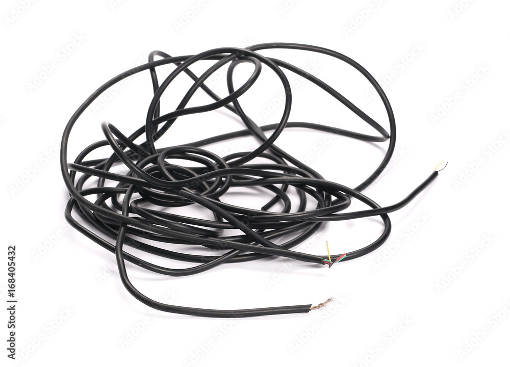 Black damaged, cut cable isolated on white background Black damaged, cut cable isolated on white background