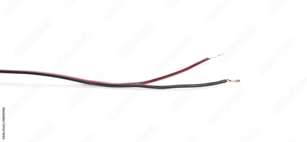 Black and red damaged, cut cable isolated on white background Black and red damaged, cut cable isolated on white background