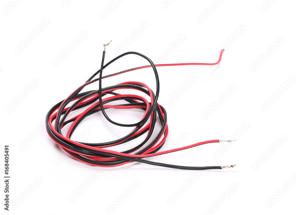 Black and red damaged, cut cable isolated on white background Black and red damaged, cut cable isolated on white background