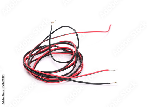 Black and red damaged, cut cable isolated on white background
