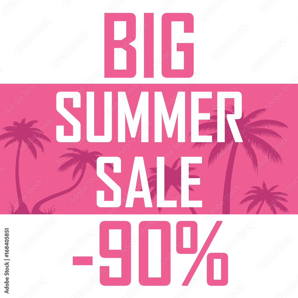 A big summer sale, palms on a pink background with a discount of ninety percent. Cheap, sell, offer A big summer sale, palms on a pink background with a discount of ninety percent. Cheap, sell, offer