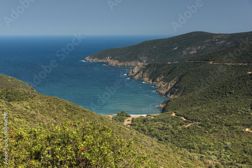 Panoramic view of Mamba Beach Ampelos at Sithonia peninsula, Chalkidiki, Central Macedonia, Greece