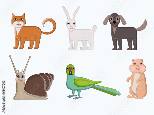 Set of pets. Cute home animals in cartoon style. Vector illustration snail hamster parrot