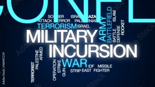 Military incursion word cloud animation on blue background photo