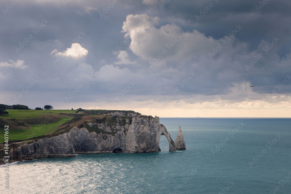 The beach and cliffs of Etretat, the Normandy tourist site of the French city