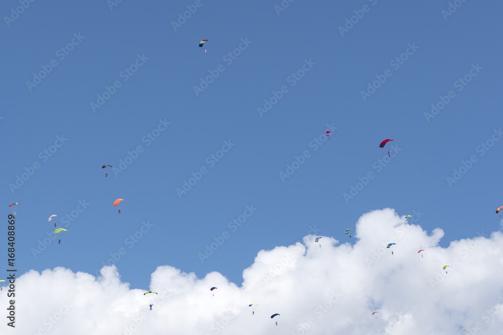 Russia, Kolomna, Aerograd, Many Landing skydiver.