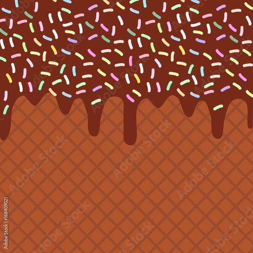 chocolate waffles with flowing chocolate sauce and sprinkles background for your text. Sweet texture. Vector
