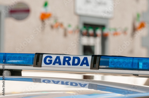 Blue lights on top of a Garda police car in Ireland.