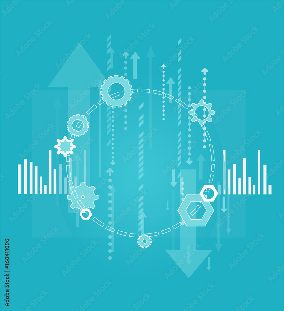 Business background made of arrows, gears and diagrams, representing success and progress in business.