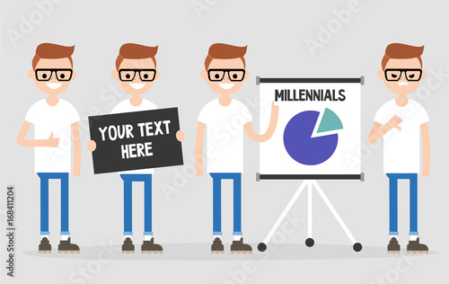Young nerdy character. Set of different activities and emotions / flat editable vector illustration, clip art