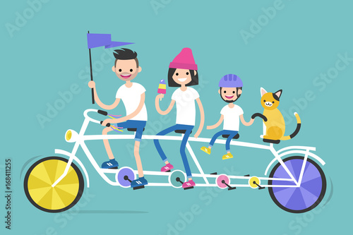 Young family riding a tandem bicycle with four seats. Family vacations. Together. Bright vector illustration, clip art